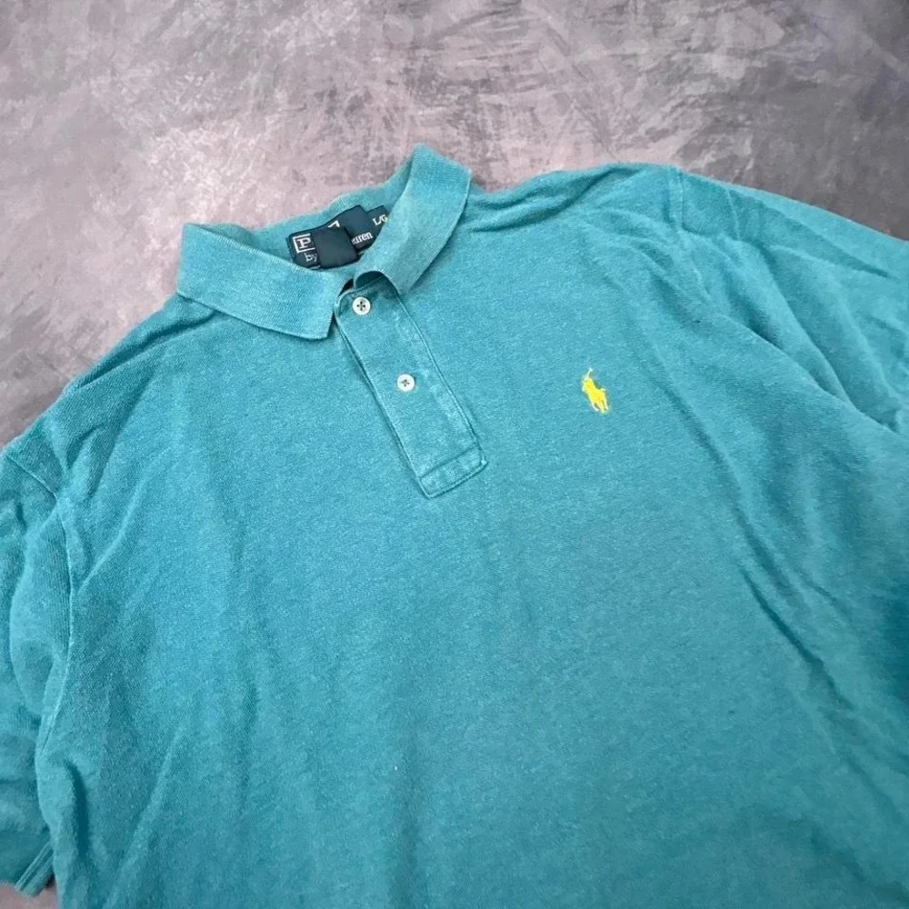Polo‎ Ralph Lauren Mens L Teal Polo Shirt Yellow Pony Logo Vintage Y2K Preppy